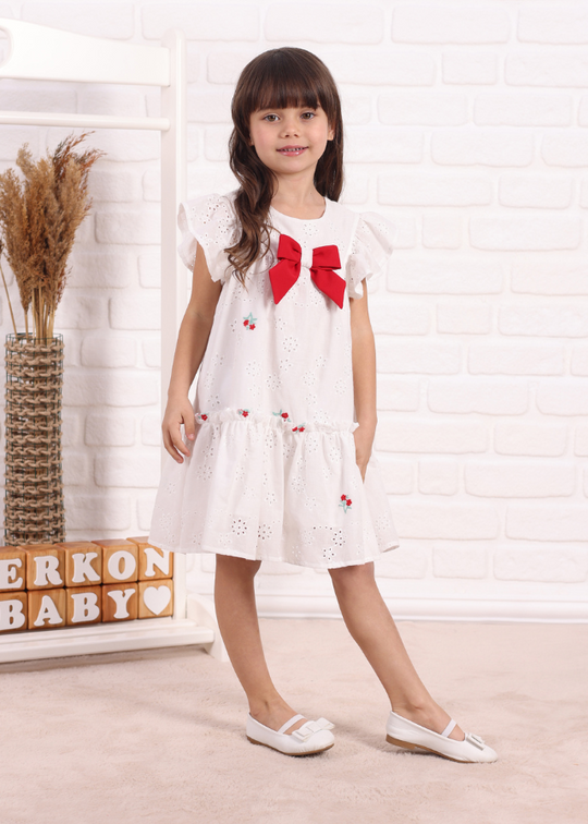 Rochie Alba Broderie din Bumbac cu Funda Rosie 756 Connie Baby