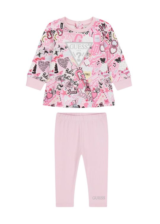 Set 2 Piese Bluza Roz cu Imprimeu Colaj si Colanti Lungi Roz A5YG01 KA6R4 P9HZ Guess