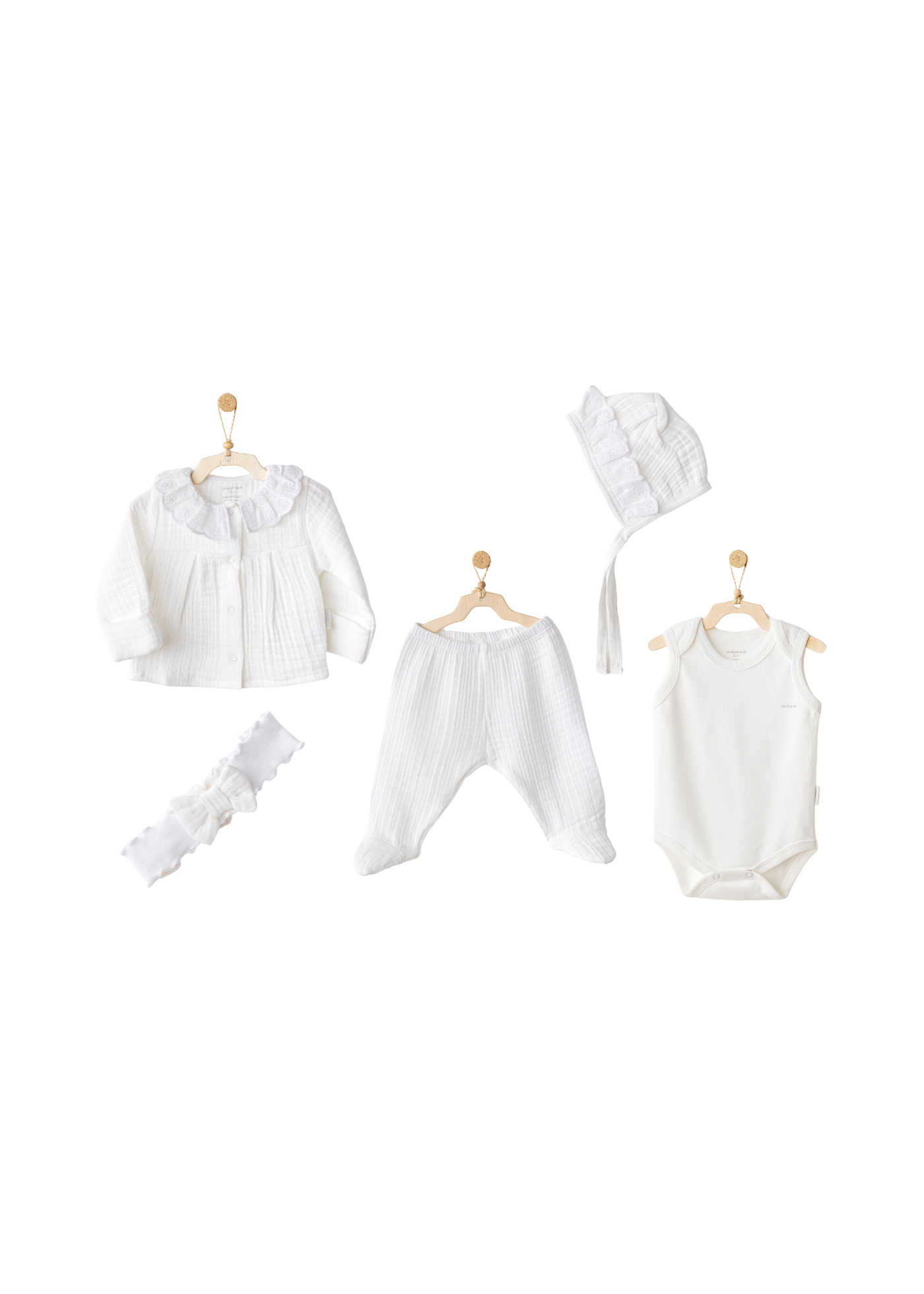Set 5 Piese Nou Nascut Muselina Alba cu Dantela Bumbac AC25840 Andywawa