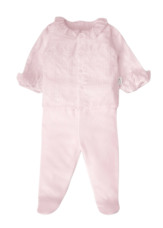 Set de Pijama din 2 Piese Pretty Girl, cu Bluza cu Guler, Volanas si Broderie si Pantaloni cu Botosei Roz F1546 – Bebetto