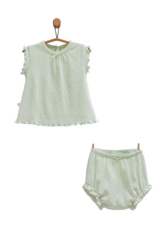Set 2 Piese Verde Bumbac Perforat Top Maneca Scurta si Chilotel Move Girl TKK1681 Mell Sweet Baby