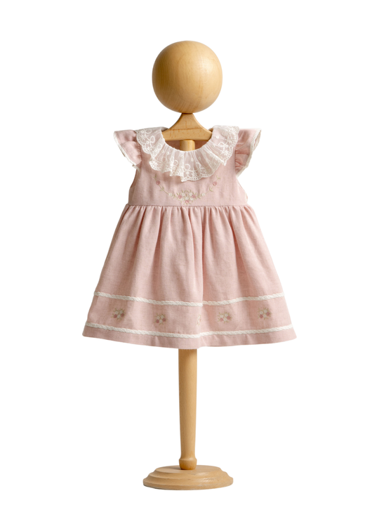 Rochie Maneca Scurta Roz Pudra cu Guler din Dantela si Broderie pe Bust 4527 MyMio