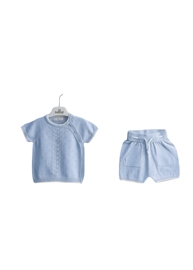 Set 2 Piese Tricotat Bleu Bluza cu Maneca Scurta si Pantaloni Scurti cu Siret 8151 Leo King