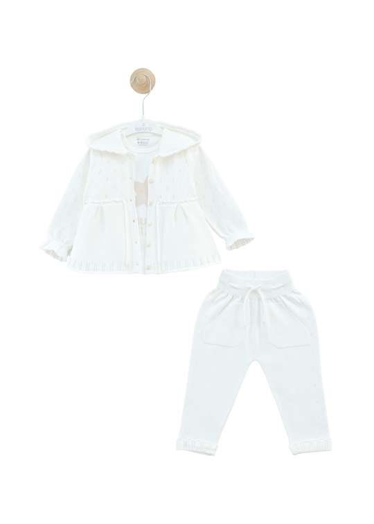 Set 3 Piese Jacheta si Pantaloni Lungi Tricotate Albe si Bluza Bumbac 8531 Leo King