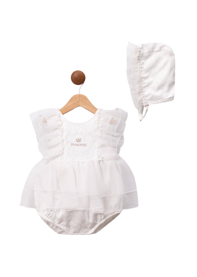 Body Ivory din Dantela si Organza cu Caciula 3637 Mino Baby