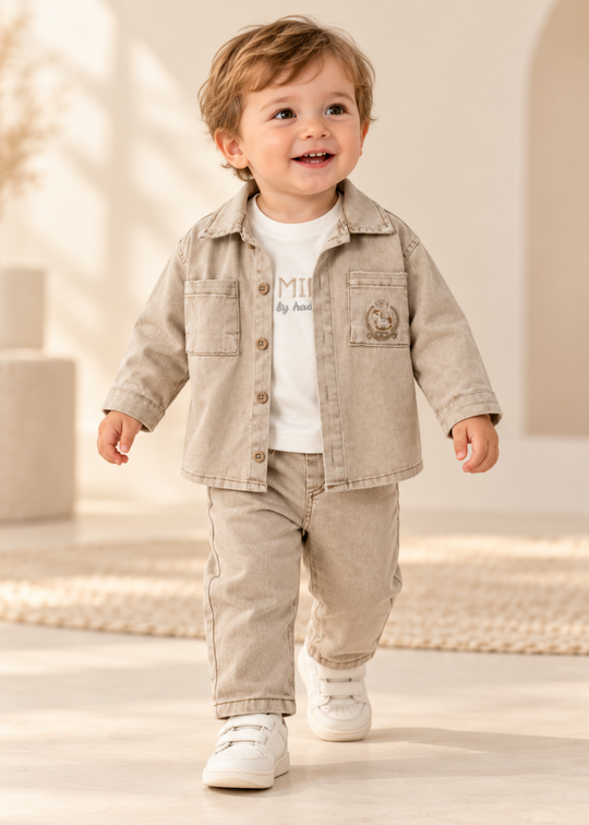 Set 3 Piese Camasa, Tricou si Pantaloni Lungi Bej 4672 – MyMio