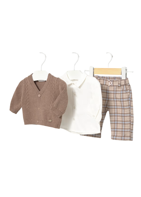 Set 3 Piese Cardigan Tricotat Maro Camasa Crem si Pantaloni in Carouri pentru Baieti – Mayoral