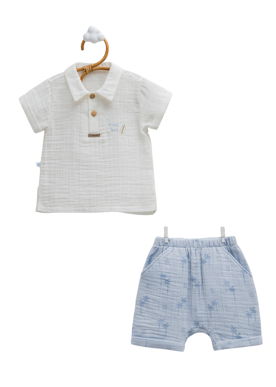 Set 2 Piese Muselina Tricou Polo Alb si Pantaloni Scurti Bleu Free Boy TKE1726 Mell Seet Baby