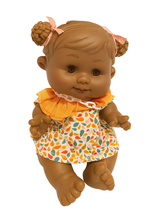 Papusa Parfumata Negresa cu Rochita Portocalie Imprimeu Floral -26 cm- 0439 - Nines