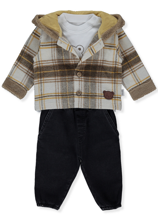 Set of 3 Pieces Beige Plaid Fabric Jacket Cream Blouse and Black Jeans Teddy Bear K4481 Bebetto