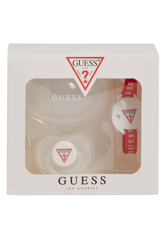 Set Suzeta Alba cu Logo Rosu , Suport Plastic Pentru Suzeta si Agatatoare Suzeta H2YZ00 WEUQ0 PN53 Guess