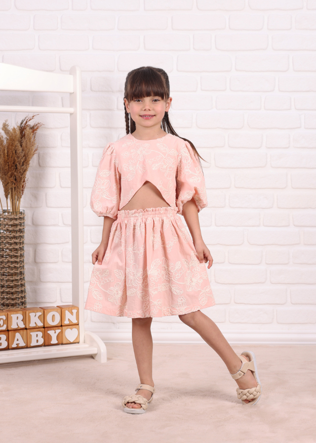 Set 2 Piese Bluza si Fusta Roz cu Broderie Crem 805 Connie Baby