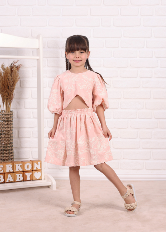 Set 2 Piese Bluza si Fusta Roz cu Broderie Crem 805 Connie Baby