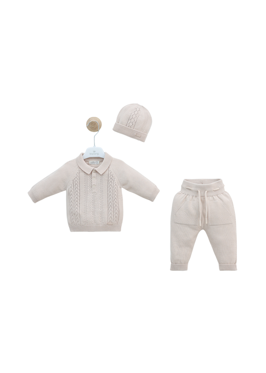 Set 3 Piese Tricotat Bej Bluza Pantaloni si Fes 8550 Leo King