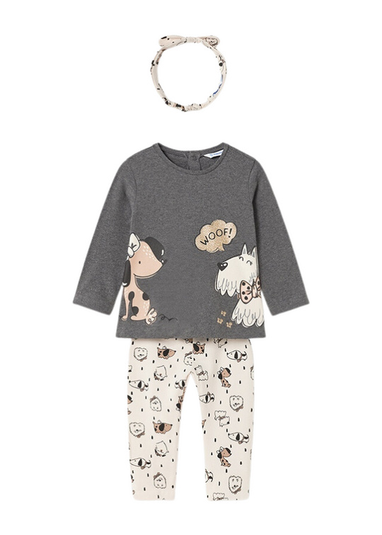 3 Piece Set for Girls, Gray Long Sleeve Blouse, Headband and Beige Tights with Cat Print 2772 Mayoral