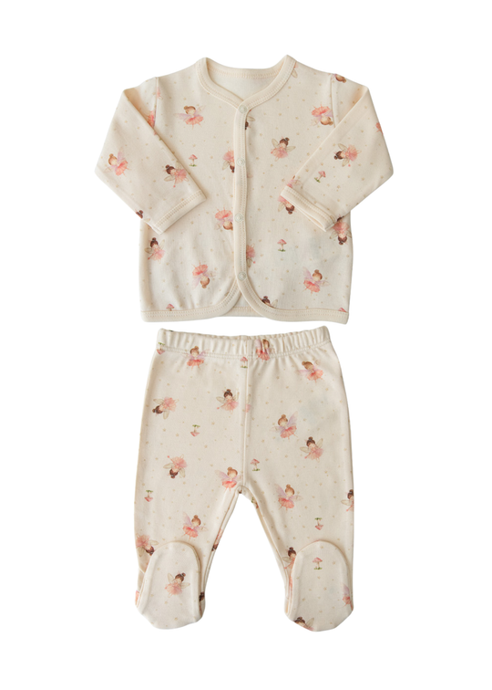 Set 2 Piese Bumbac Organic Bluza cu Capse si Pantaloni Lungi bej cu Imprimeu Zane S60191 Kitikate