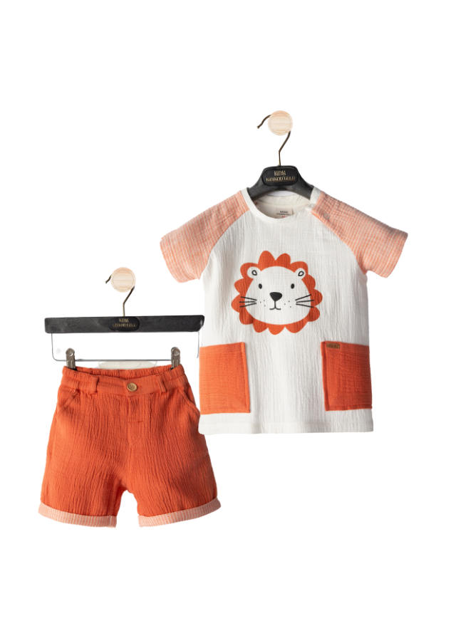 Set 2 Piese Muselina Tricou cu Leu si Pantaloni Scurti Camel M54117 Midimod Gold