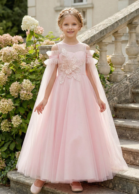 Rochie Ceremonie Lunga Roz cu Detaliu Floare pe Bust 36139PR Pamina