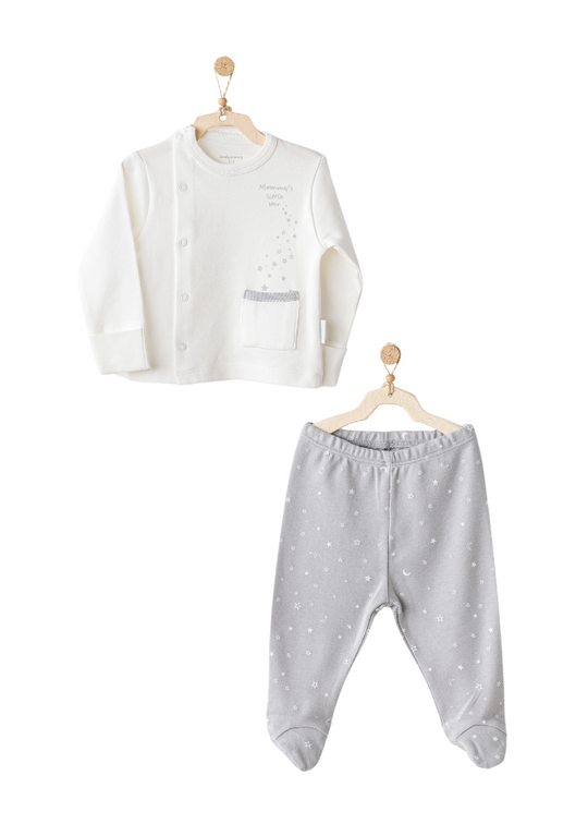 Set 2 Piese Bluza Crem cu Capse si Pantaloni Lungi Gri cu Stele AC25704 Andywawa