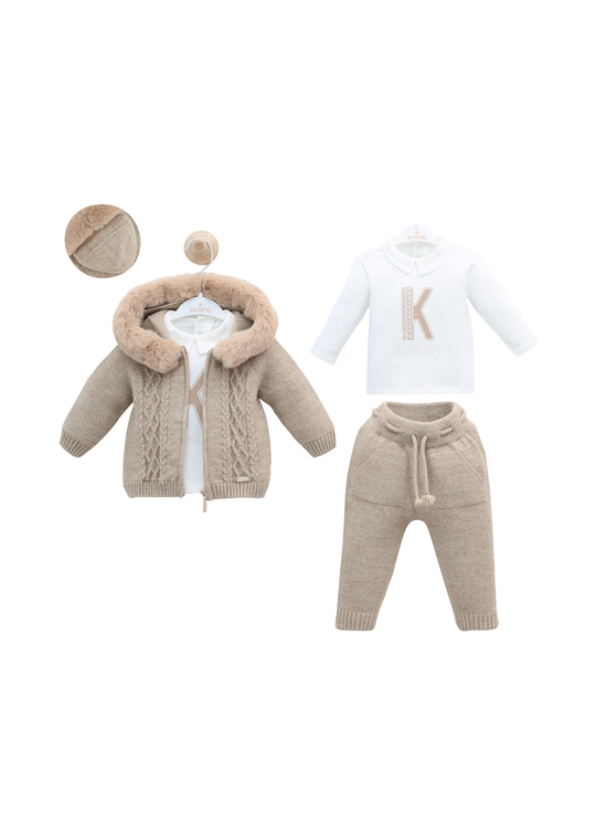 Set 3 Piese Bej cu Lana Merinos Jacheta cu Blana la Gluga si Pantaloni Lungi 9590 Leo King