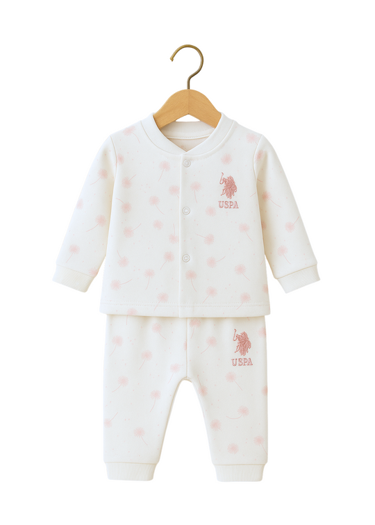 Set 2 Piese Bluza cu Capse si Pantaloni Lungi Crem cu Imprimeu Dandelion Roz USB2648 Us Polo Assn