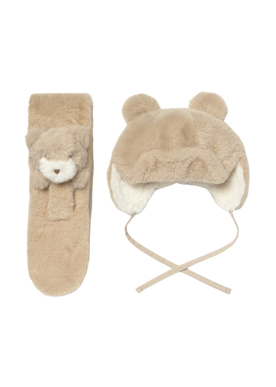 Set Caciula si Fular Blana Bej cu Urs 10020 Mayoral