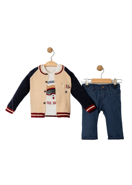 Set of 3 Pieces Beige Knitted Cardigan with Navy Blue Cream Blouse with Wolf and Navy Blue Denim Pants 15036 Bebus