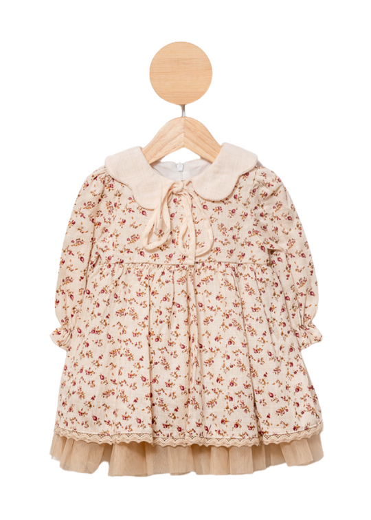 Beige Long Sleeve Flower Print Dress Grena 3633 MyMio