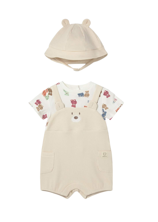 Set Short Beige Romper with Bears and Hat 1608 Mayoral