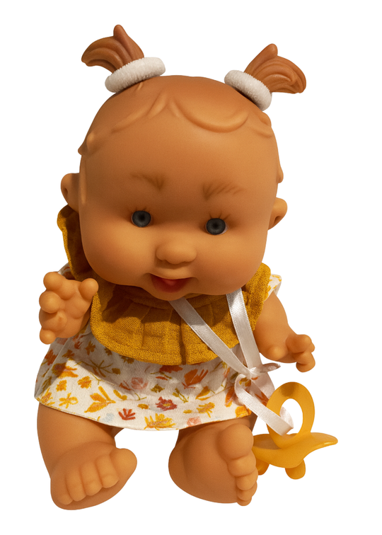 Papusa Parfumata cu Rochita crem cu Imprimeu Floricele Mustar - 21 cm - 0494 - Nines