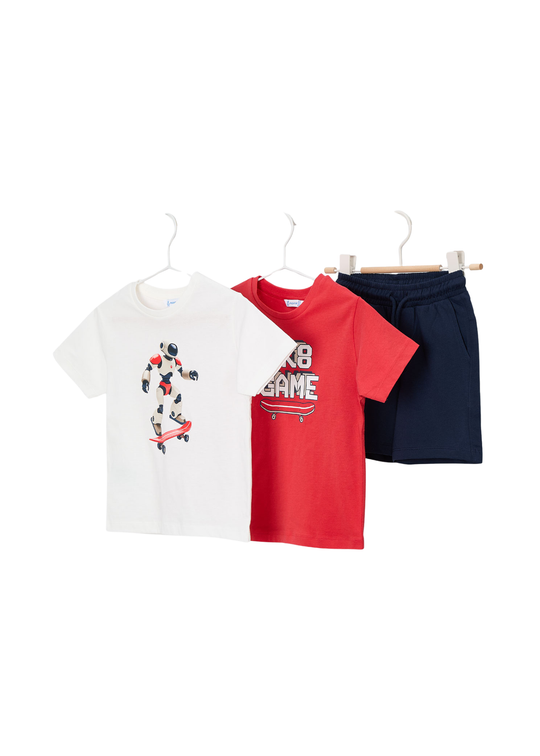 Set 3 Piese 2 Tricouri Alb si Rosu si Pantaloni Scurti Bleumarin 3604 Mayoral