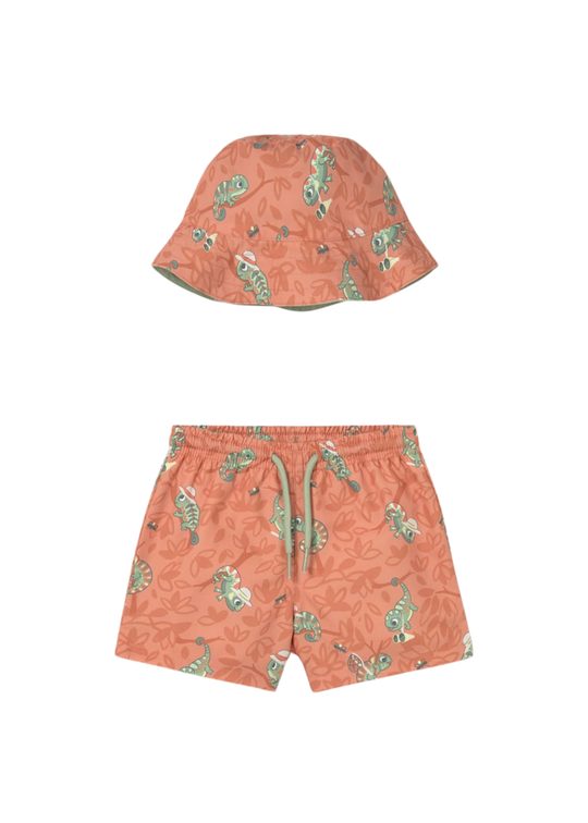 Set 2 Piese Bermude de Baie si Palarie Portocaliu cu Cameleoni 1660 Mayoral