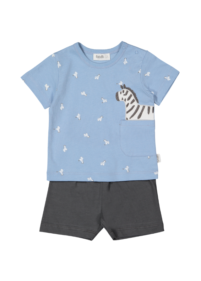 Set 2 Piese Tricou Bleu cu Imprimeu Zebre si Pantaloni Scurti Gri Walking Zebras K4721 Bebetto