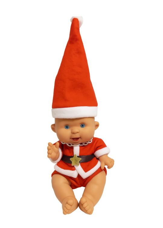 Papusa Parfumata Xmas Baietel Mos Craciun cu Pantaloni Scurti Rosii si Vesta Rosie cu Bordura Alba - 26 cm - 0489 - Nines