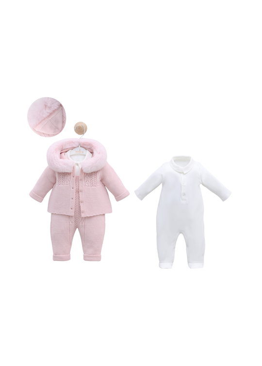 Set 3 Piese Roz Salopeta Lunga si Jacheta cu Lana Merinos cu Blana la Gluga si Salopeta Bumbac 9345 Leo King