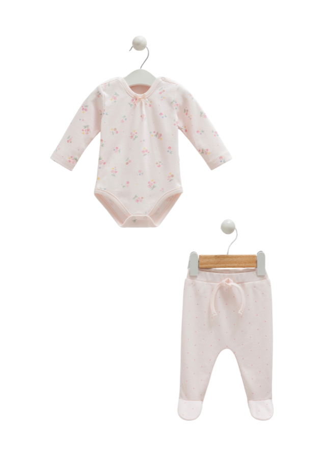 Set Body cu Maneca Lunga si Pantaloni Roz cu Cirese Cherry Baby BPK1216 Mell Sweet Baby