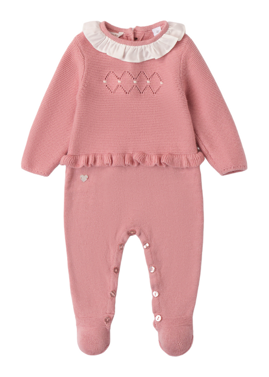 Powder Pink Long Knitted Jumpsuit with White Collar 3A720.00 Miniband