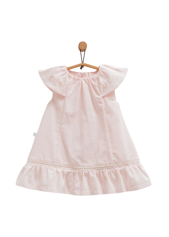 Rochie Roz cu Volan la Maneci si Flori Brodate Serenity Girl ELB1744 Mell Sweet Baby