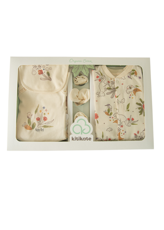 Set 10 Piese Maternitate din Bumbac Organic Bej cu Pasari S24582 Kitikate
