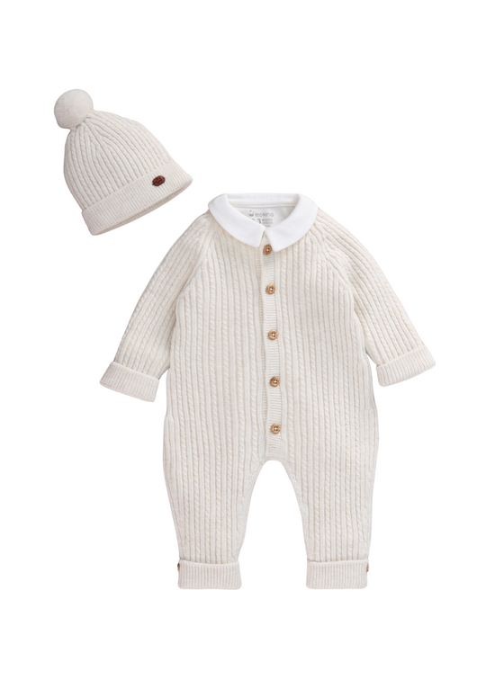 Set 3 Piese Salopeta Lunga Alba Tricotata cu Lana Merinos Body si Fes 9327 Leo King