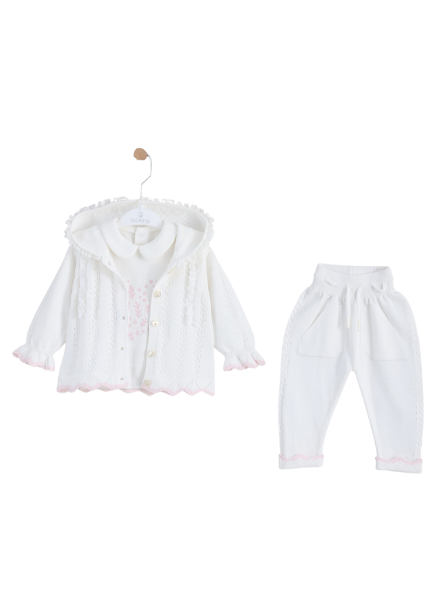 Set 3 Piese Crem Tricotat Hanorac cu Dantela Pantaloni si Bluza 8525 Leo King