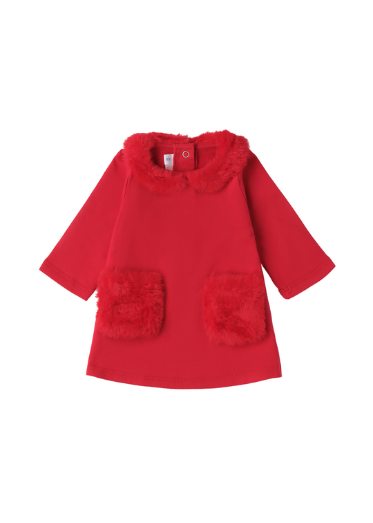 Rochie Rosie cu Maneca Lunga cu Blana la Guler si Buzunare 3.F727/00 Minibanda