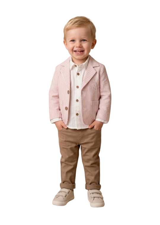 Set 3 Piese Sacou Crem cu Dungi Roz Pudra Camasa Ivory si Pantaloni Bej 16913 Bebus