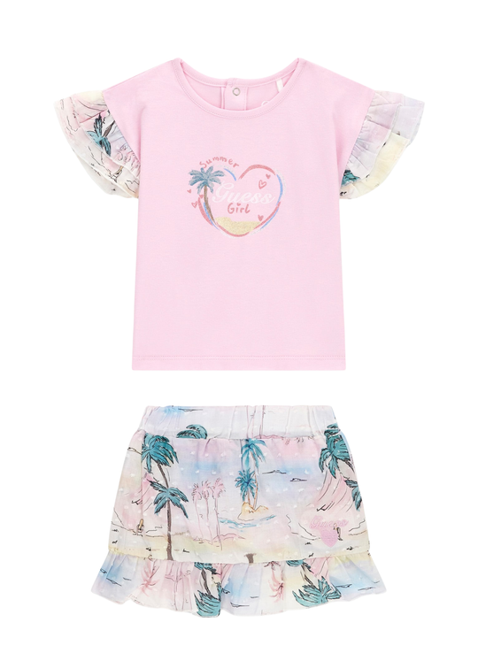 Set 2 Piese Tricou Roz si Fusta Imprimeu Tropical A6GG07 K6YW4 G67D  Guess