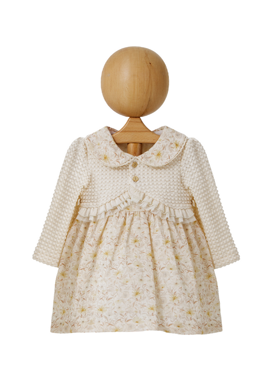 Rochie Bej Imprimeu Flori Galbene cu Design Tip Bolero Crem 4435 MyMio