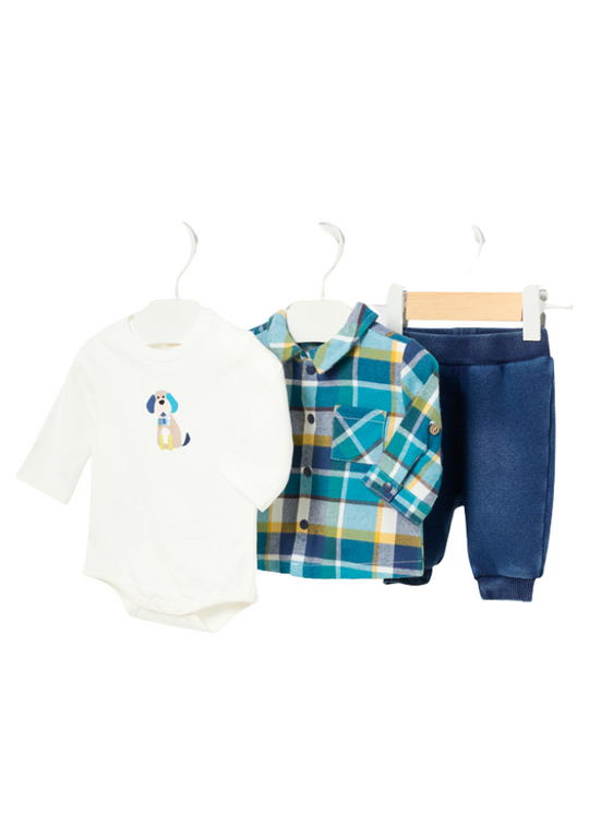 Set 3 Piese Camasa Carouri Albastre Blugi si Body Crem cu Catel 2530 col 4 Mayoral