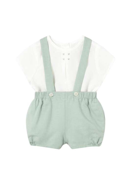 Set Camasa Maneca Scurta Crem si Salopeta Scurta Verde Bumbac cu In 1267 Mayoral