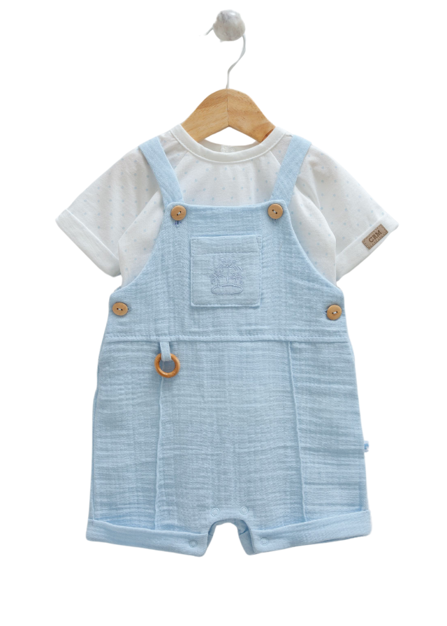 Set 2 Piese Salopta Scurta Bleu din Muselina si Tricou Alb 9768 Mell Sweet Baby