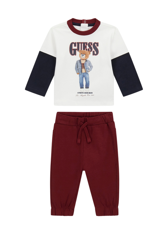 Set 2 Piese Bluza Crem cu Maneca Lunga cu Urs si Pantaloni Lungi Sport Grena I6RG10 K8HM4 G011 Guess