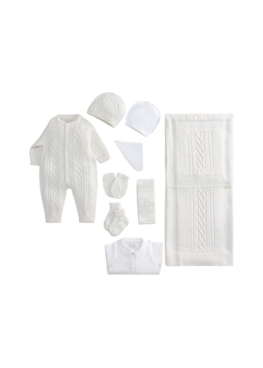 Set Maternitate 9 Piese Tricotat cu Lana Merinos Alb Salopeta 3430 Leo King